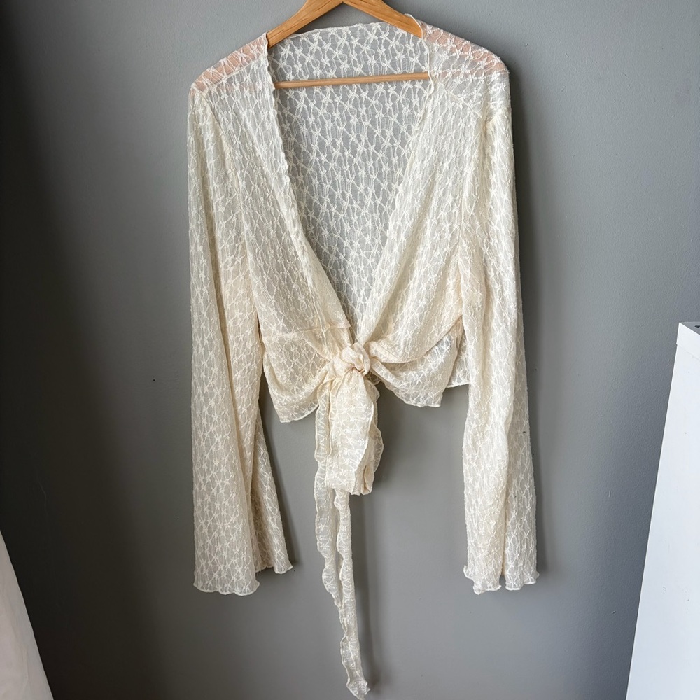 Cider Cream Lace Wrap Crop Top with Bell Sleeves - Picture 4 of 13